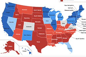 用红色和蓝色州着色的美国地图