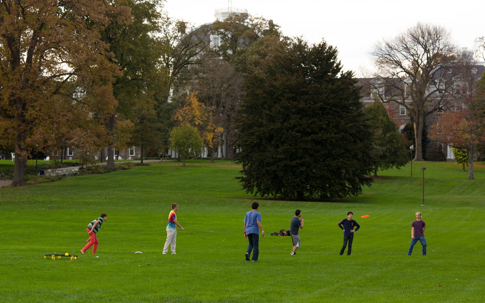 学生在绿色的草坪上玩极限飞盘