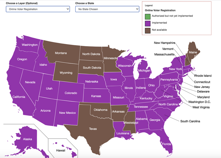 美国地图，用紫色和棕色表示有关在线选民登记的州政策