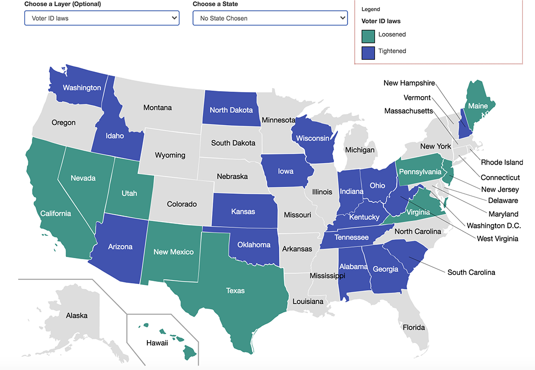 美国地图，绿色，蓝色和灰色颜色，以表明有关选民身份法的国家政策